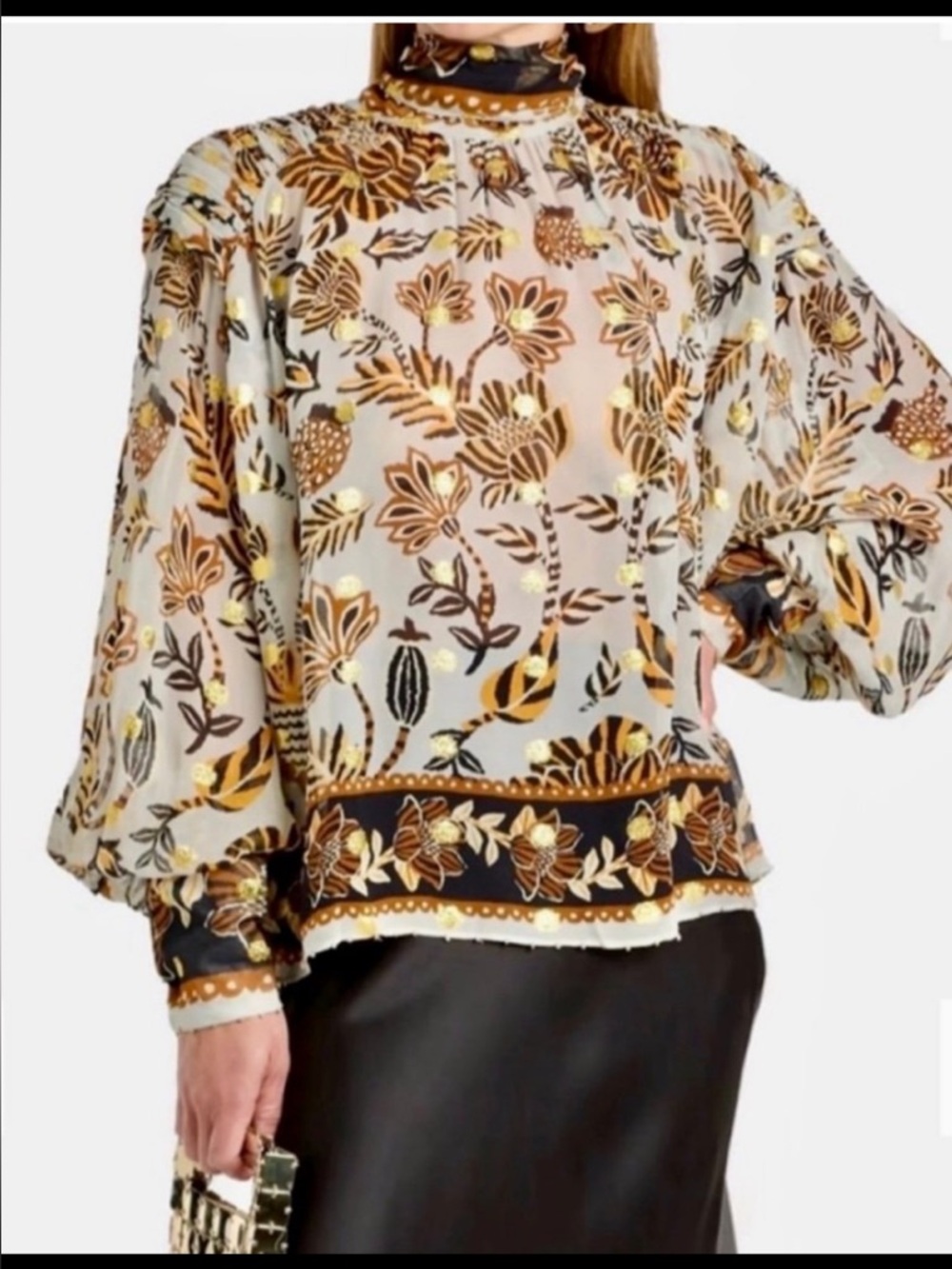 FARM Rio Floral Metallic Accent Blouse in Ivory and Gold Embellishments XL